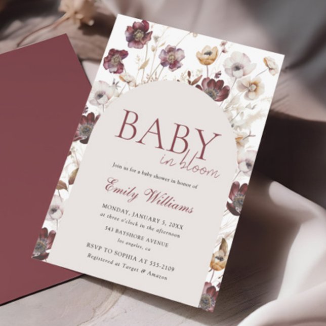 Baby in Bloom Burgundy Wildflower Baby Shower Invitation (Creator Uploaded)
