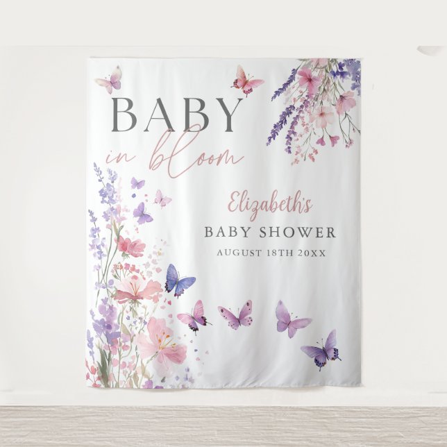 Baby In Bloom Butterfly Baby Shower Photo Backdrop Tapestry (Front)