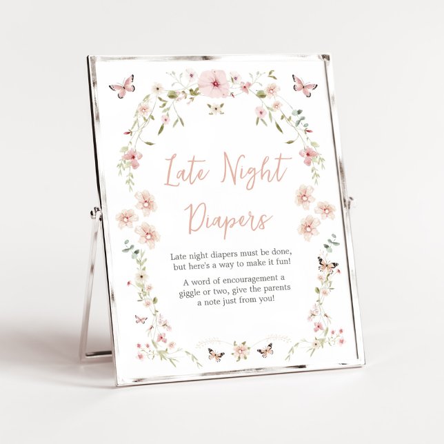 Baby in Bloom Butterfly Late Night Diapers Poster (Spring Butterflies Baby Shower Late Night Diapers Sign)