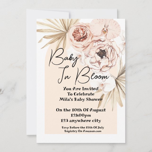 Baby In Bloom Carte de baby shower floral botaniqu (Devant)