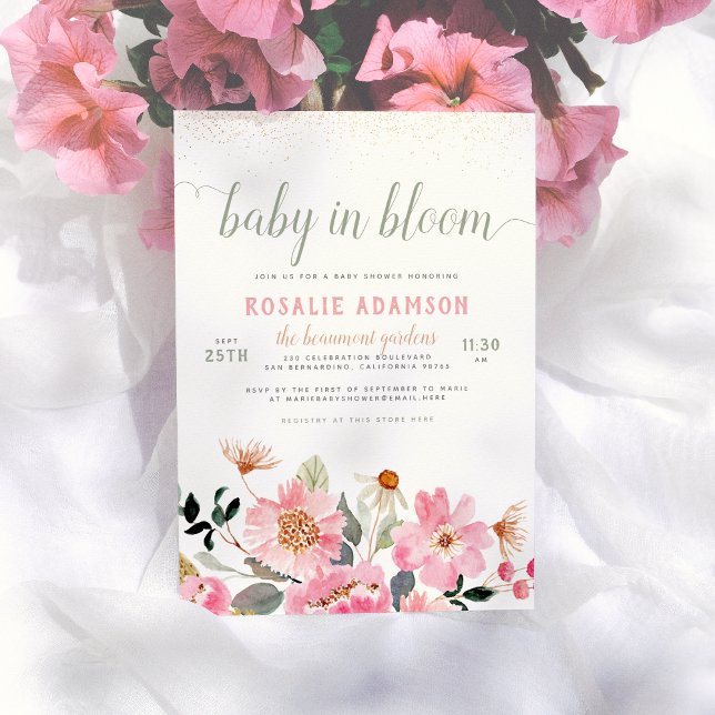 Baby in Bloom Cute Pink Garden Themed Baby Shower Invitation (Creator Uploaded)