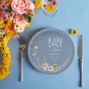 Baby in Bloom Dusty Blue Floral Paper Plate