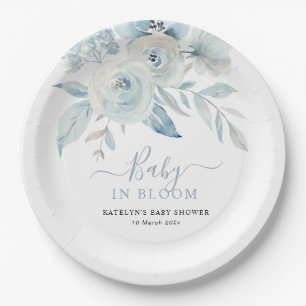baby in bloom dusty blue flowers baby shower  paper plate
