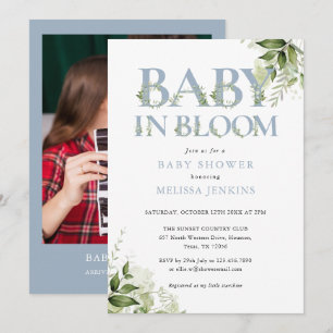 Baby In Bloom Dusty Blue Foliage Photo Baby Shower Invitation