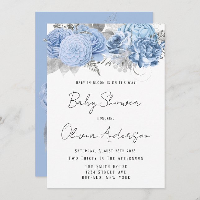 Baby in Bloom Dusty Blue Peony Baby Shower Invitation (Front/Back)