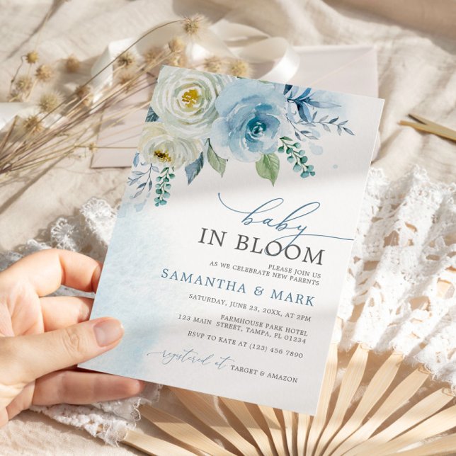 Baby in Bloom Dusty Blue Rose Floral Baby Shower Invitation (Creator Uploaded)