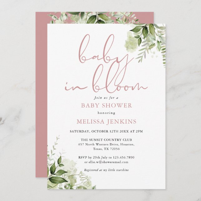 Baby In Bloom Dusty Rose Greenery Baby Shower Invitation (Front/Back)