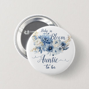 Baby In Bloom Elegant Blue Flowers Auntie-to-be 2 Inch Round Button