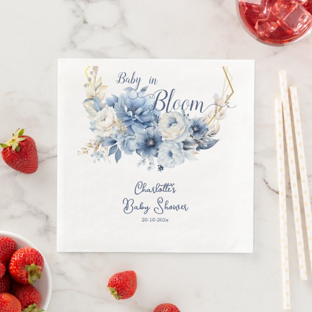 Baby In Bloom Elegant Blue Flowers Baby Shower Napkin (Insitu)