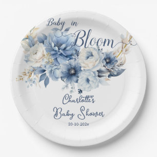 Baby In Bloom Elegant Blue Flowers Baby Shower Paper Plate