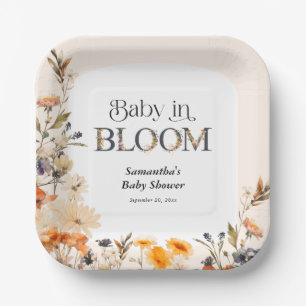 Baby in Bloom Elegant Watercolor Fall Wildflowers Paper Plate