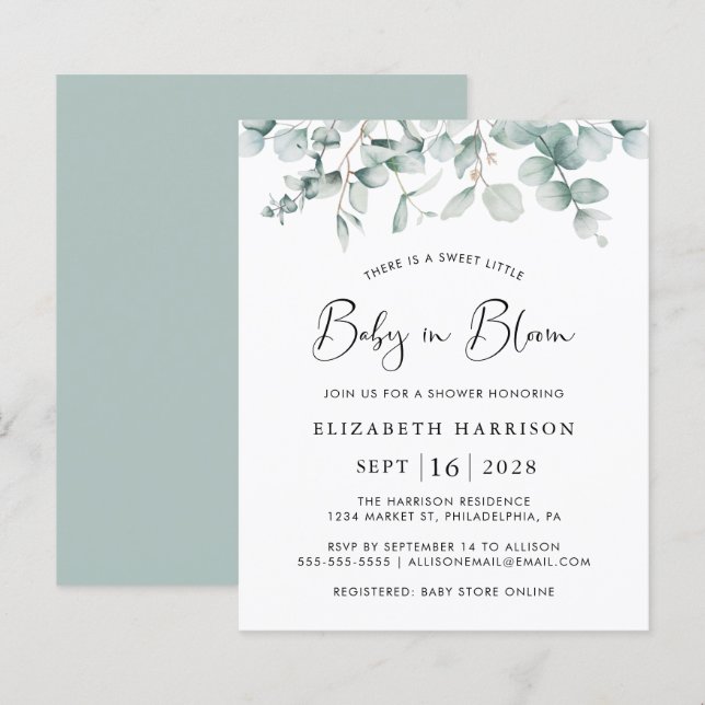 Baby in Bloom Eucalyptus Budget Shower Invitation (Front/Back)