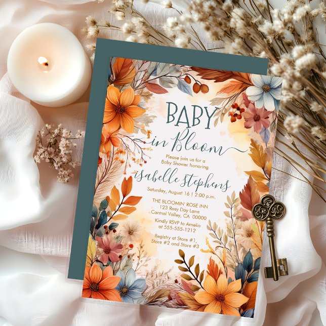 Baby in Bloom Fall Floral Frame Baby Shower Invitation (Boho Baby in Bloom Fall Floral Frame Baby Shower Invitation - Dusky Teal Blue - Print | Digital )