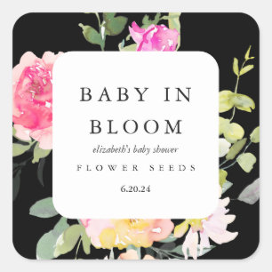 Baby in Bloom Floral Baby Shower Black Square Sticker