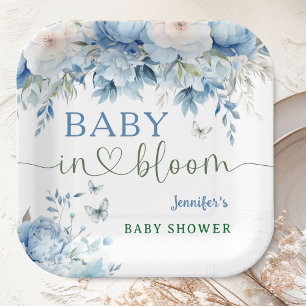 Baby in Bloom Floral Baby Shower Dusty Blue Paper Plate