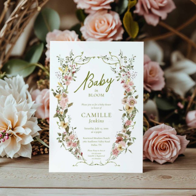 Baby in Bloom Floral Baby Shower Invitation (Greenery and Floral Baby Shower Invitation)