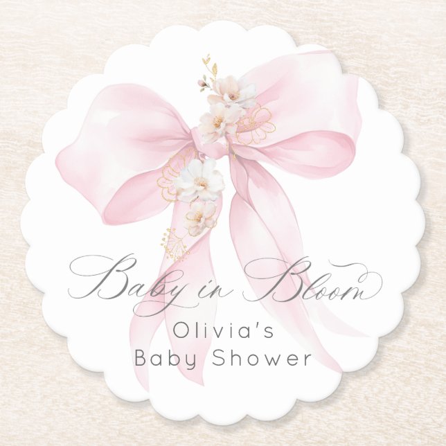Baby in Bloom Floral Blush pink bow Baby Shower Paper Coaster (Front)