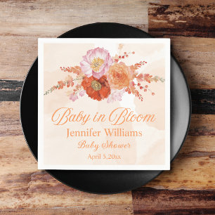 baby in bloom, floral boho orange baby shower napkin