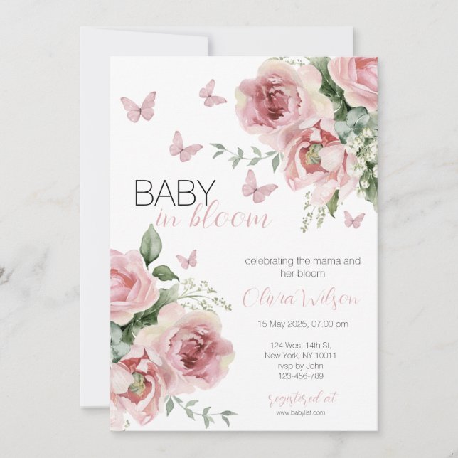 Baby in Bloom Floral & Butterfly Baby Shower  Invitation (Front)