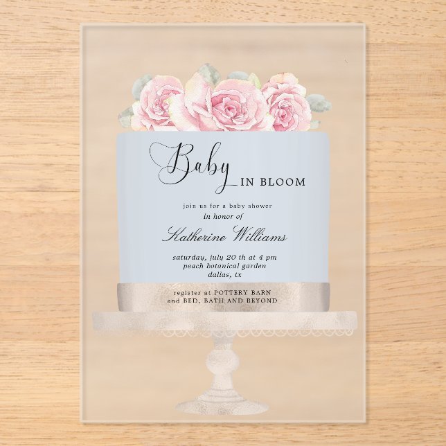 Baby in Bloom Floral Cake Baby Shower  Acrylic Invitations (Front)