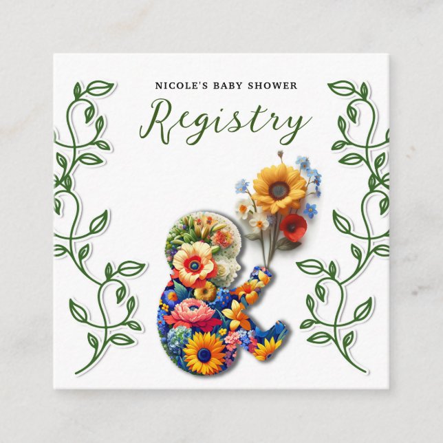 Baby in Bloom Floral Vine Baby Shower Registry  Square Business Card (Front)