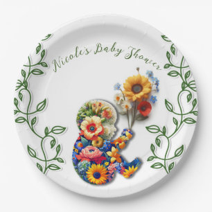 Baby in Bloom Floral Vine Leaf Baby Shower Paper Plate