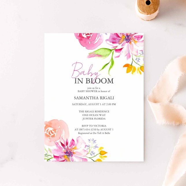 Baby In Bloom Floral Watercolor Shower Invitation (Pink floral baby shower invitation features unique watercolor art by Victoria Grigaliunas)