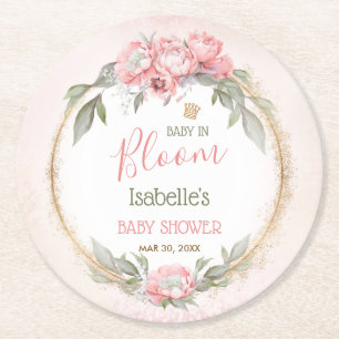 Baby In Bloom Girl Floral Elegant Pink Baby Shower Round Paper Coaster
