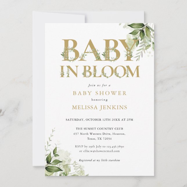 Baby In Bloom Gold Greenery Baby Shower Invitation (Front)