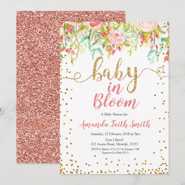 Baby in Bloom Invitation Card Rose gold (Front/Back)