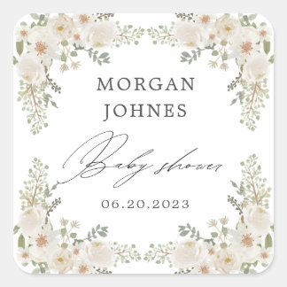 baby in bloom ivory floral baby shower square sticker