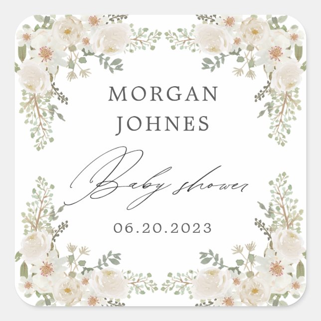 baby in bloom ivory floral baby shower square sticker (Front)