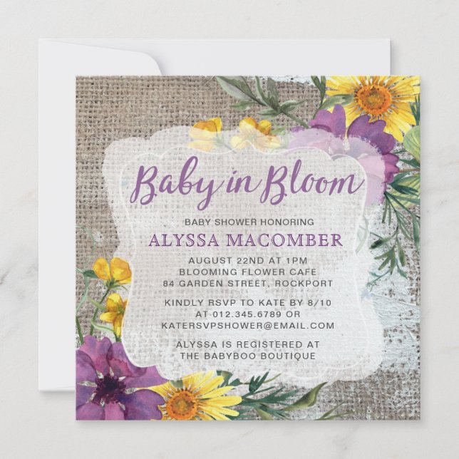 Baby in Bloom Jaune Purple Baby shower Invitation (Devant)