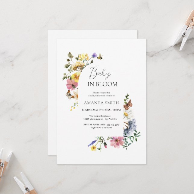 Baby in Bloom Meadow Wildflowers Shower Invitation (Front/Back In Situ)