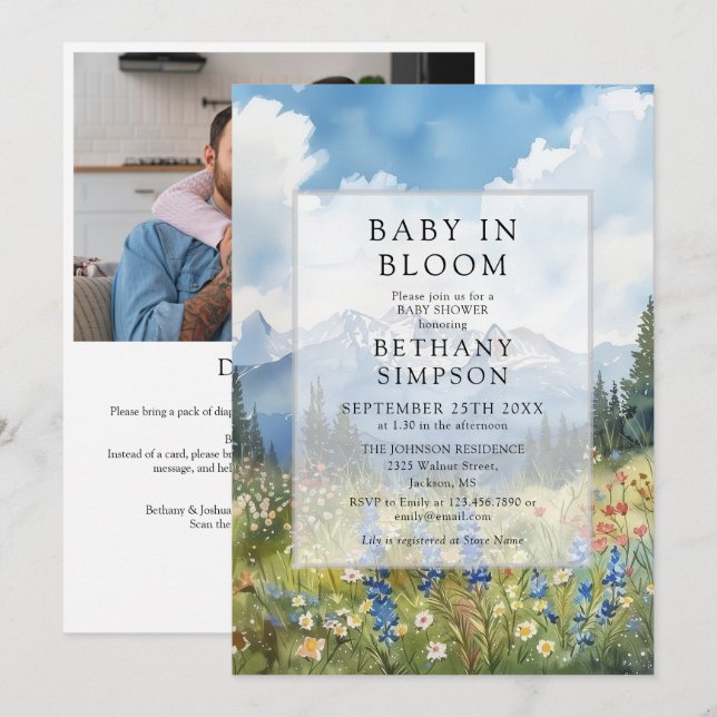 Baby In Bloom Mountain Photo QR Code Baby Shower Invitation (Front/Back)