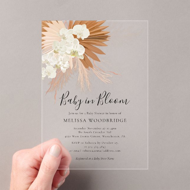 Baby in Bloom Pampas Grass Boho Floral Shower Acrylic Invitations (Insitu (Handheld))