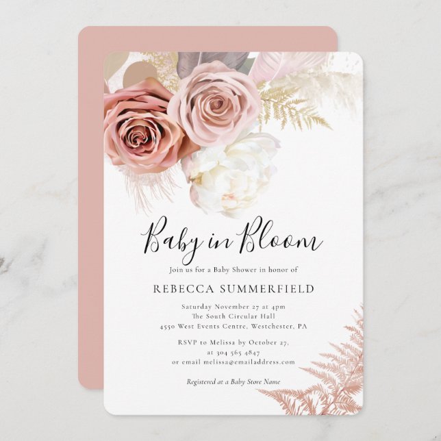 Baby in Bloom Pampas Grass Boho Girl Shower Invitation (Front/Back)
