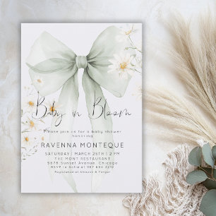 Baby in Bloom Pastel Green Bow Floral Baby Shower Invitation