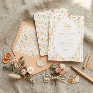 Baby in Bloom Peach Floral Gingham Stripe Invitation