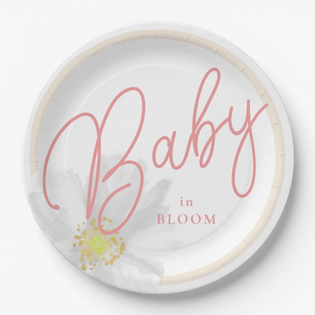 Baby in Bloom Peach White Daisy Theme Paper Plate (Front)