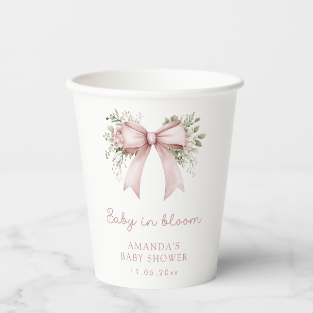 Baby In Bloom Pink Bow Baby Shower Paper Cups (Front)