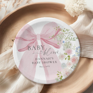 Baby in Bloom Pink Bow Baby Shower Paper Plate