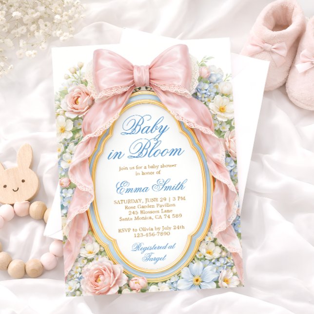 Baby in Bloom Pink Bow Floral Baby Shower Invitation (Creator Uploaded)
