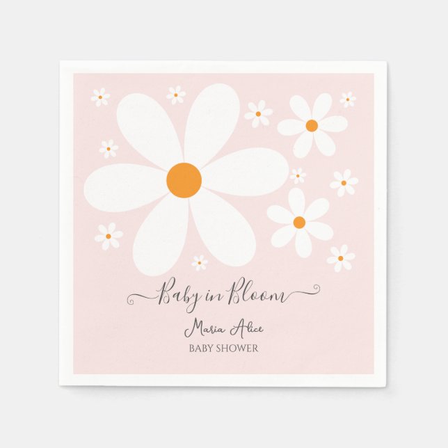 Baby in Bloom Pink Daisy Baby Shower Invitation Napkin (Front)