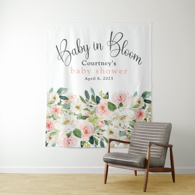 Baby in Bloom Pink Floral Baby Shower Tapestry (In Situ)