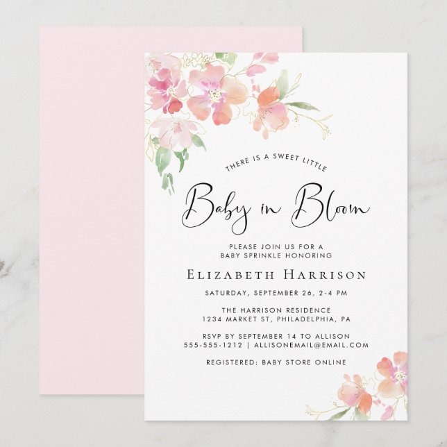 Baby in Bloom Pink Floral Baby Sprinkle Invitation (Front/Back)