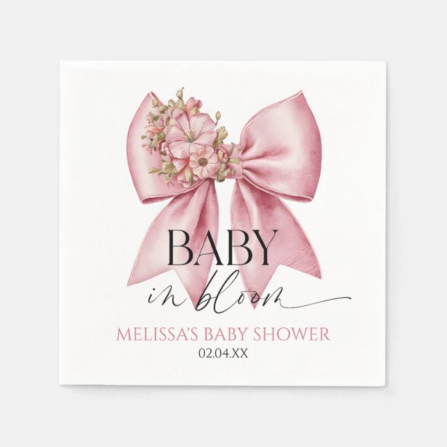 Baby In Bloom Pink Floral Bow Baby Shower Napkin (Front)