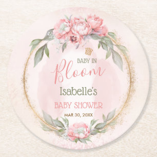 Baby In Bloom Pink Floral Elegant Girl Baby Shower Round Paper Coaster