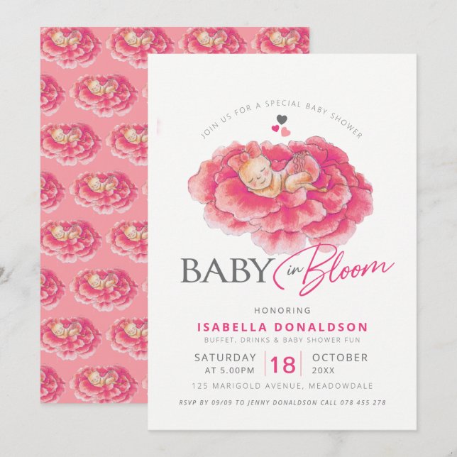 Baby in bloom pink flower baby shower invitations (Front/Back)