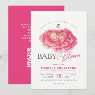 Baby in bloom pink flower baby shower QR code RSVP Invitation